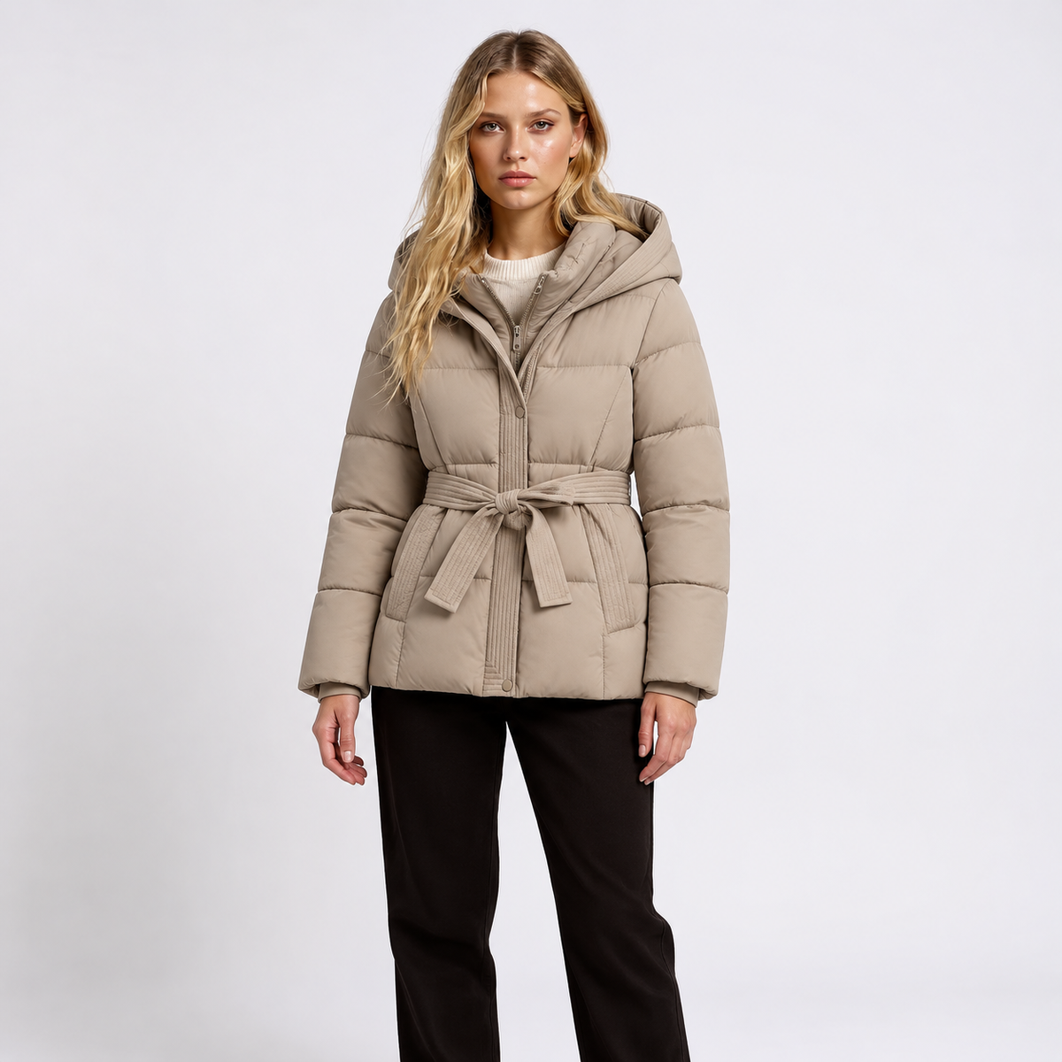 Women's Belted Hooded Puffer Jacket