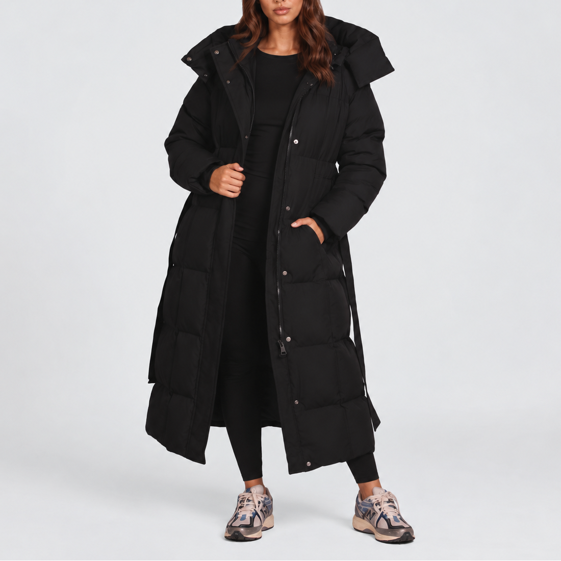 Women's Long Belted Hooded Puffer Coat