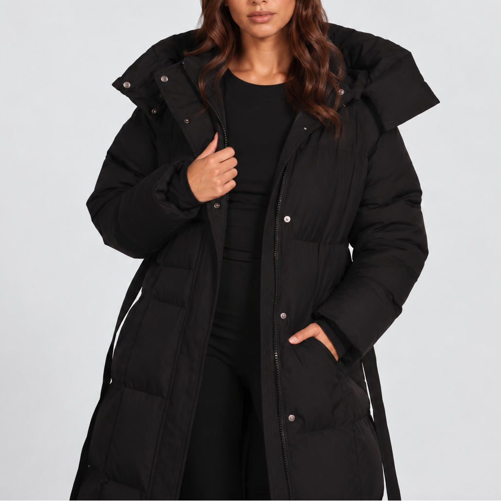 Women's Long Belted Hooded Puffer Coat