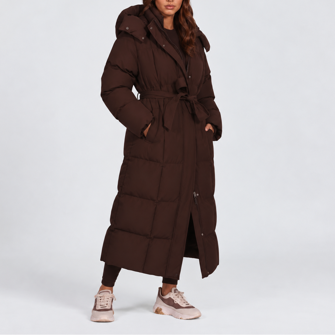 Women's Long Belted Hooded Puffer Coat