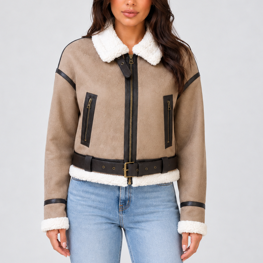 Women's Cropped Teddy Lined Aviator Jacket