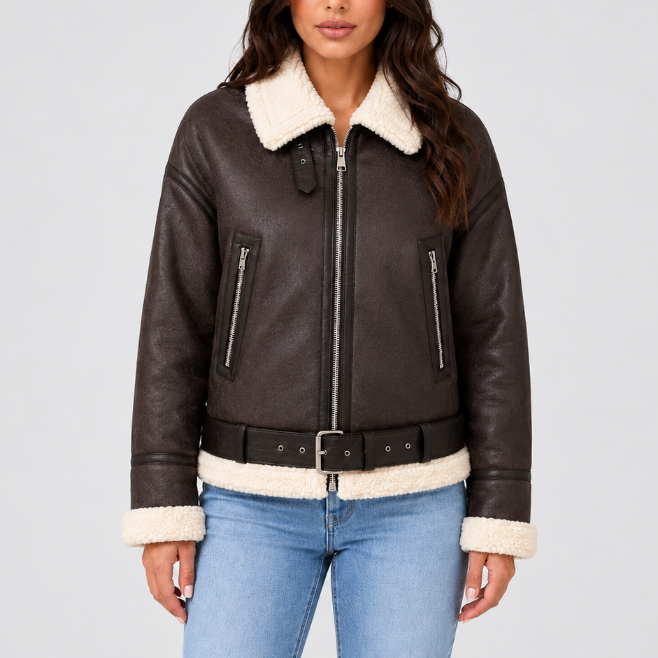 Women's Cropped Teddy Lined Aviator Jacket