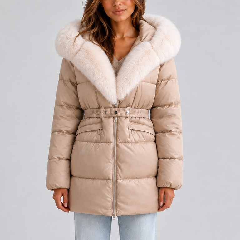 Women's Belted Puffer Coat with Faux Fur Hood