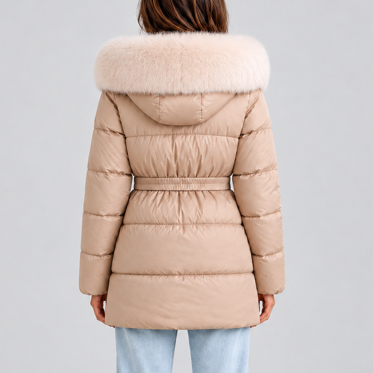 Women's Belted Puffer Coat with Faux Fur Hood
