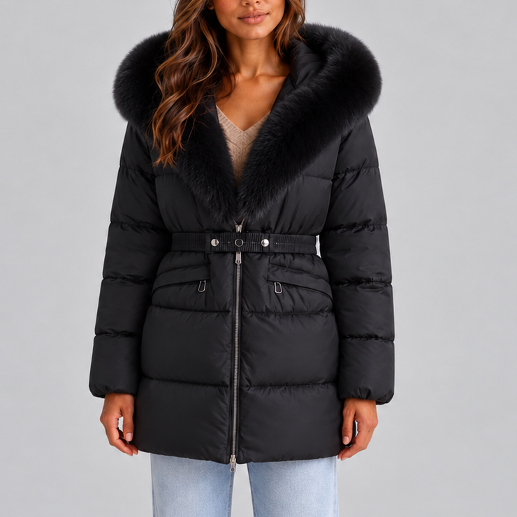 Women's Belted Puffer Coat with Faux Fur Hood