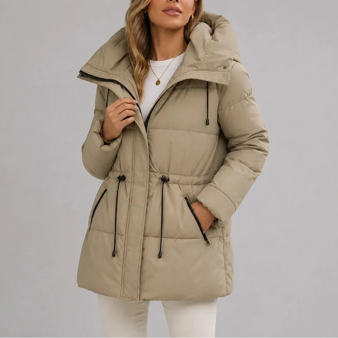 Women's Hooded Drawstring Waist Puffer Coat