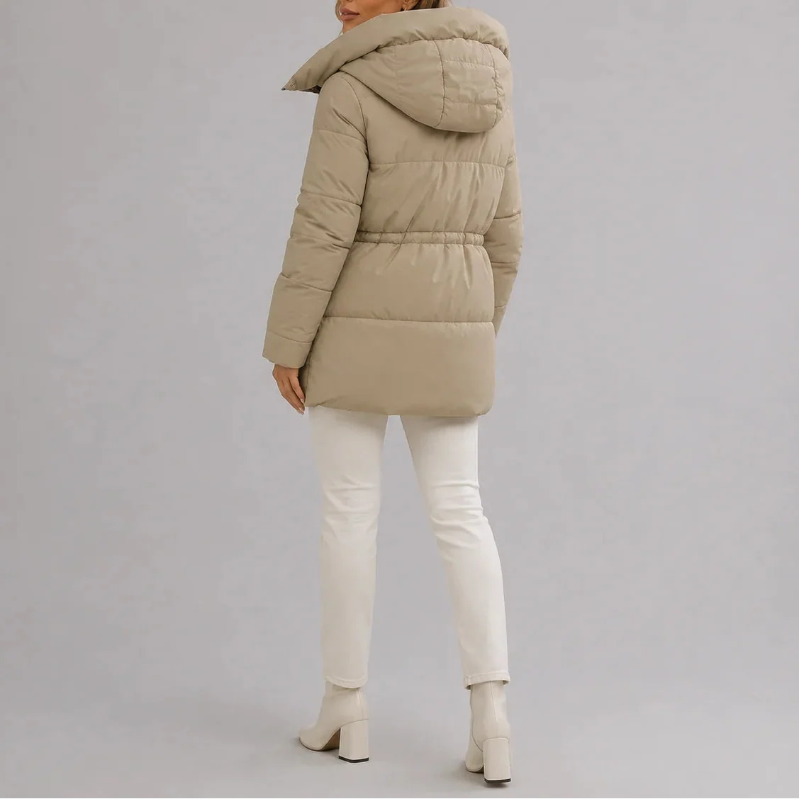 Women's Hooded Drawstring Waist Puffer Coat
