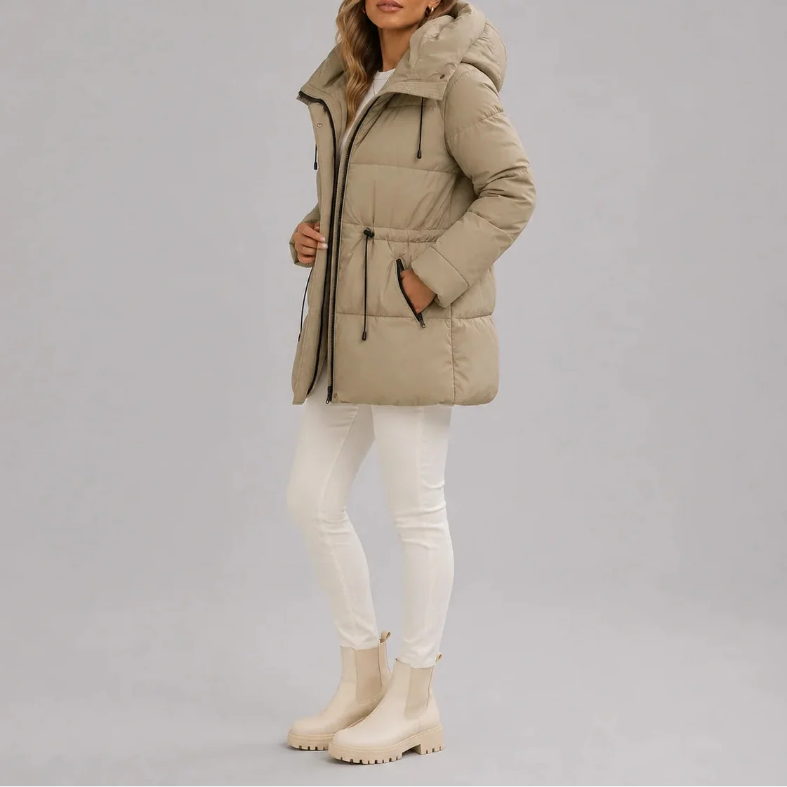 Women's Hooded Drawstring Waist Puffer Coat