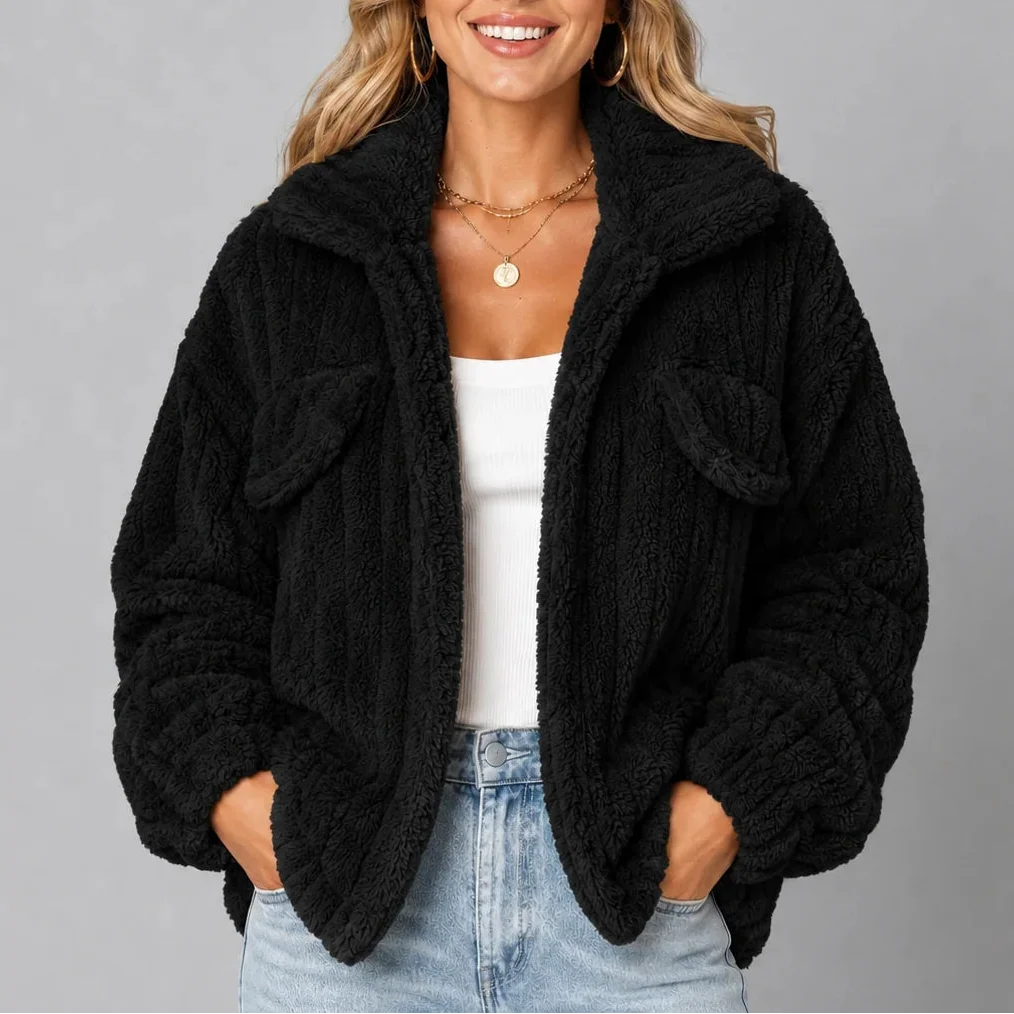 Women's Wide Collar Teddy Fleece Jacket