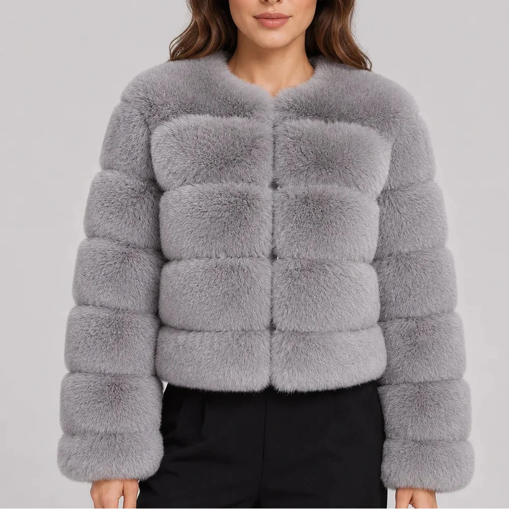 Women's Cropped Faux Fur Round Neck Jacket