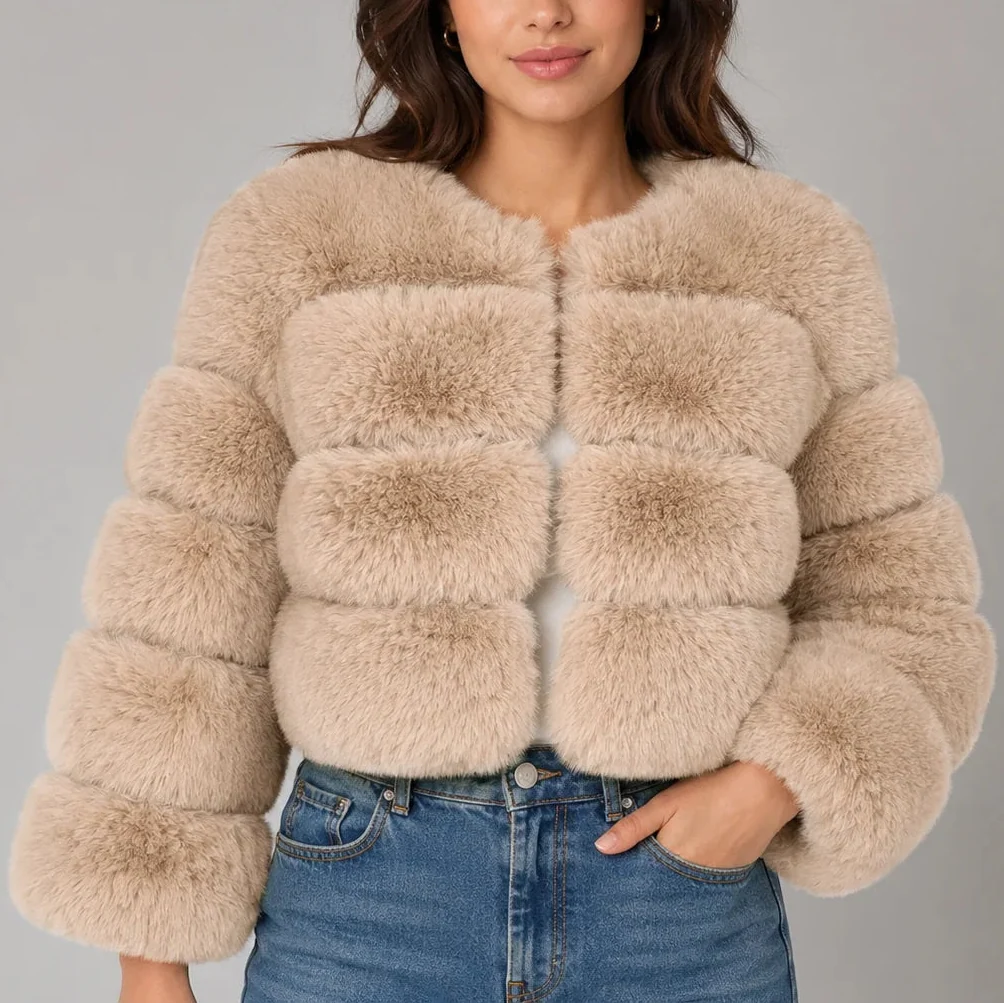 Women's Cropped Faux Fur Round Neck Jacket