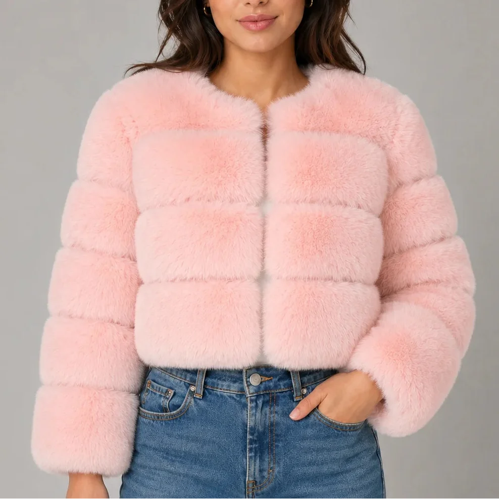 Women's Cropped Faux Fur Round Neck Jacket