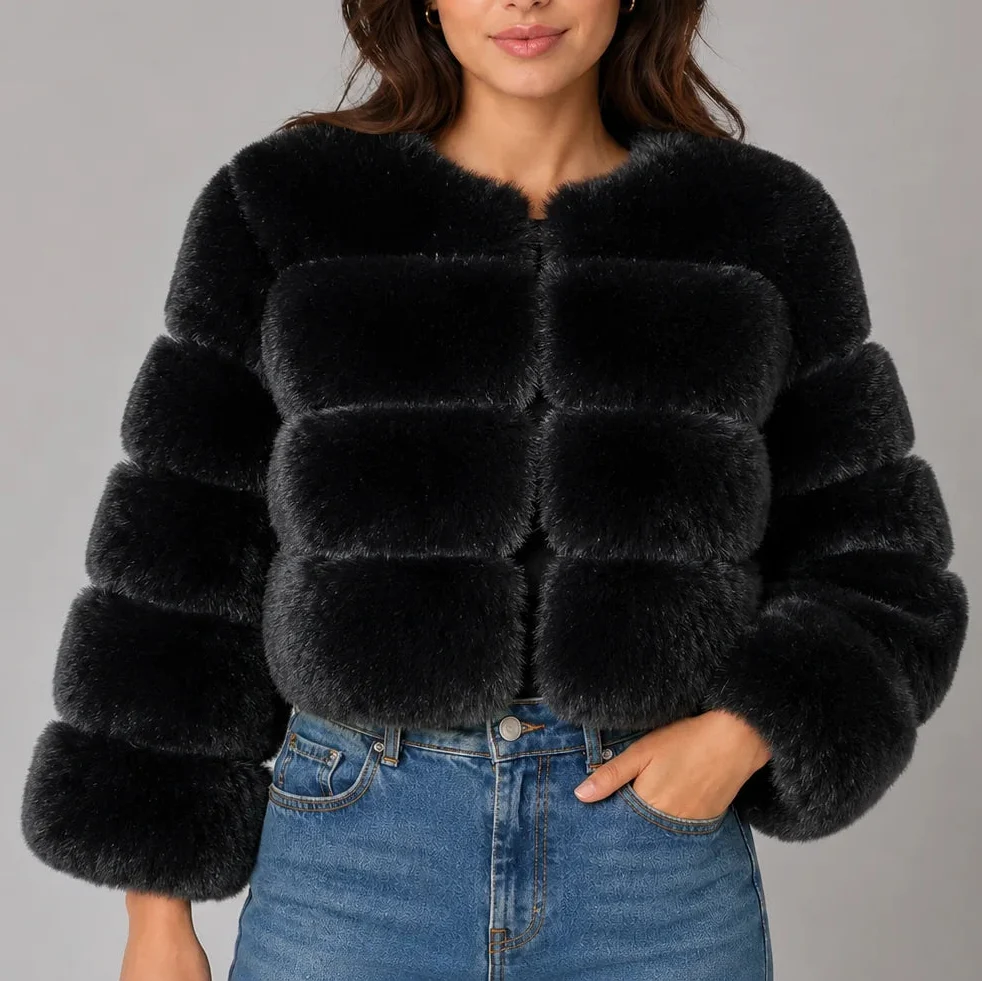 Women's Cropped Faux Fur Round Neck Jacket