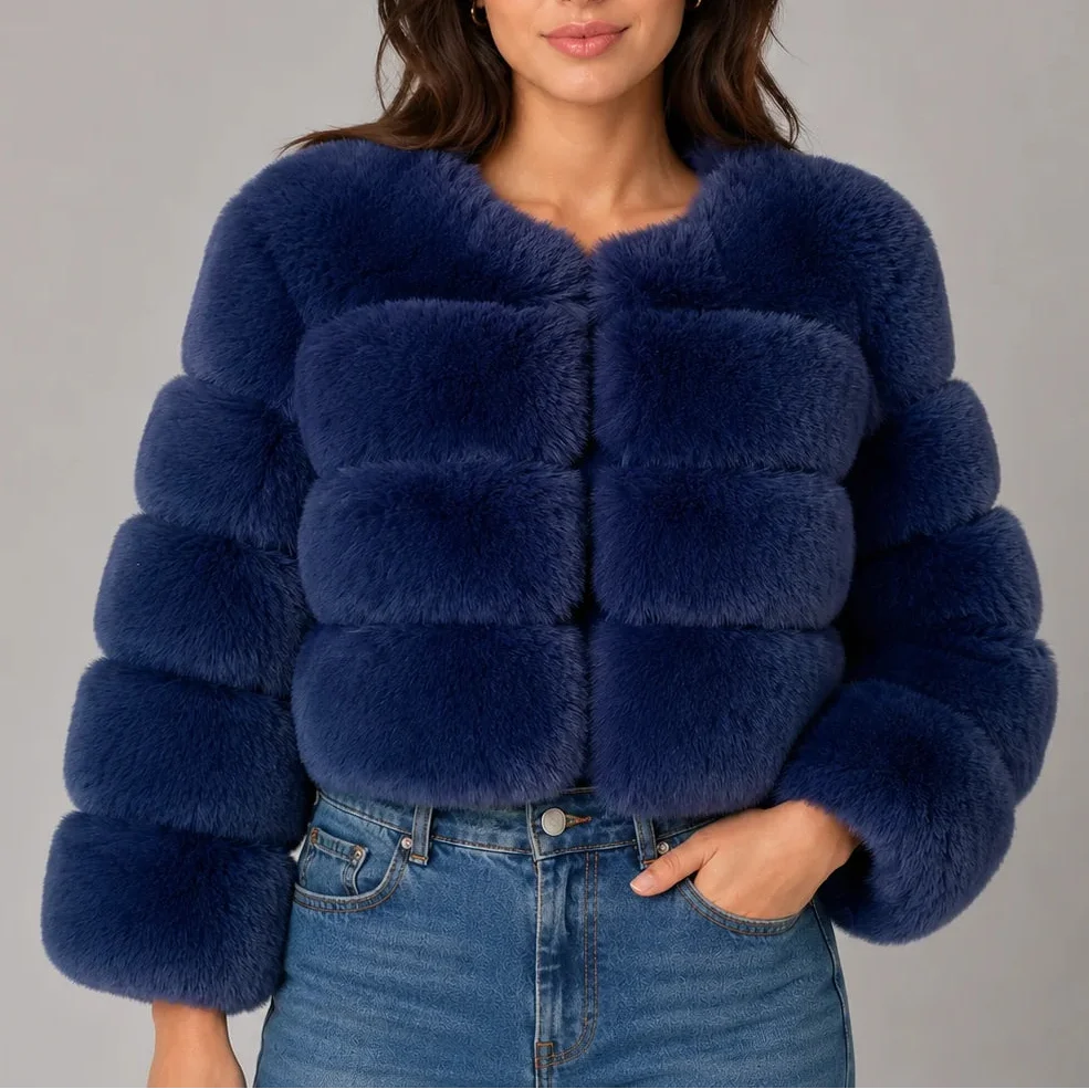 Women's Cropped Faux Fur Round Neck Jacket