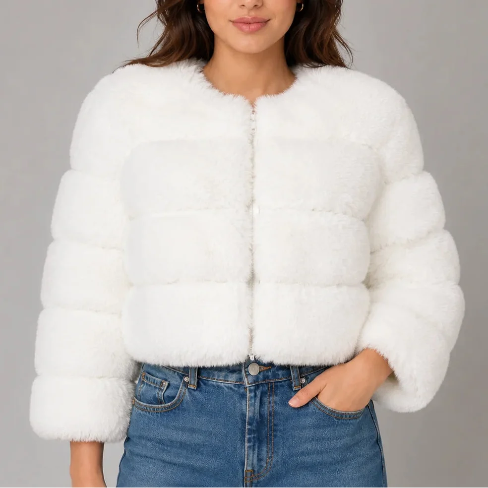 Women's Cropped Faux Fur Round Neck Jacket