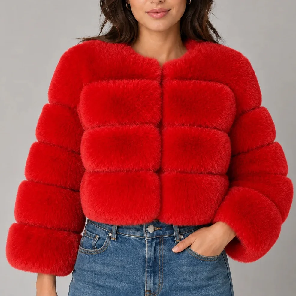 Women's Cropped Faux Fur Round Neck Jacket