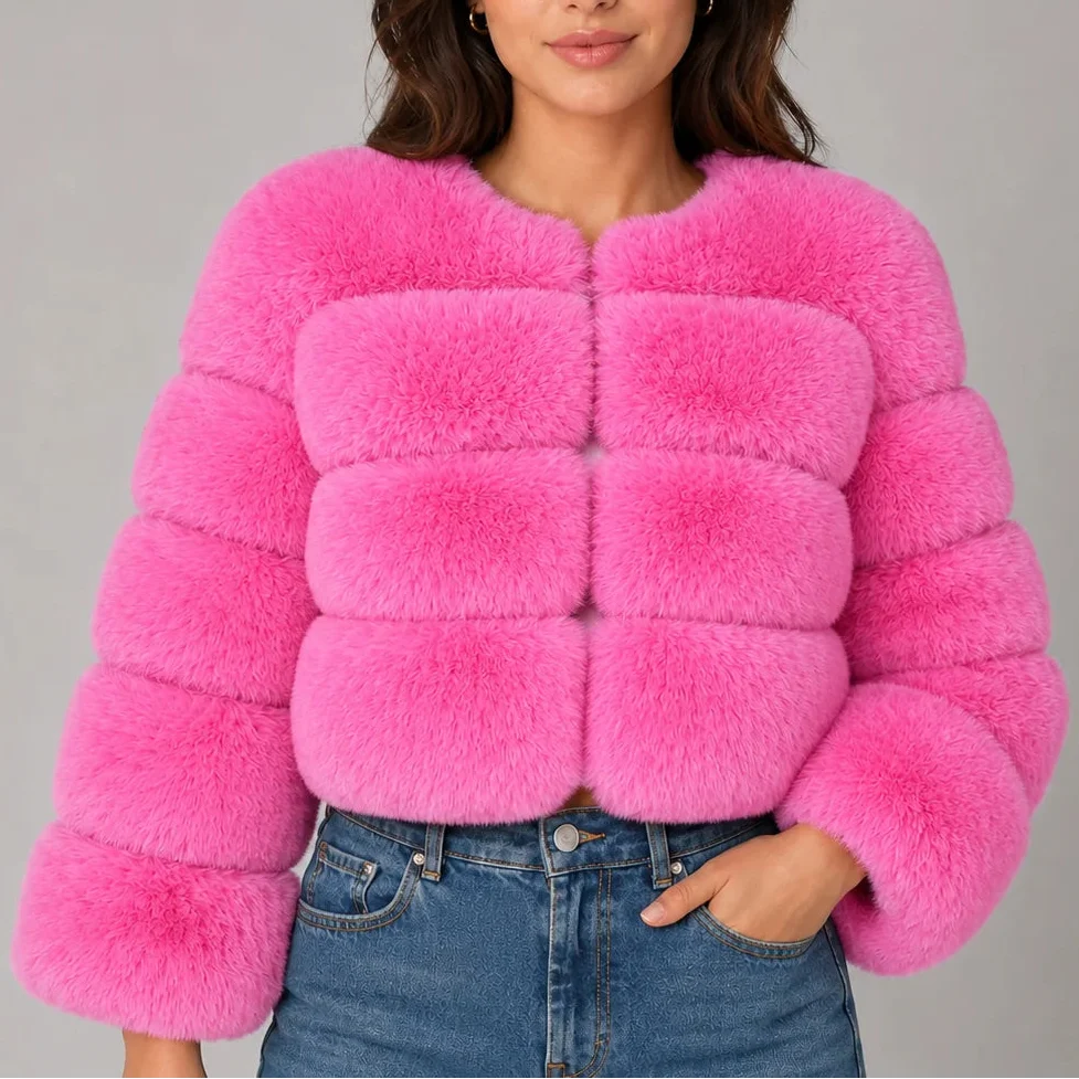 Women's Cropped Faux Fur Round Neck Jacket