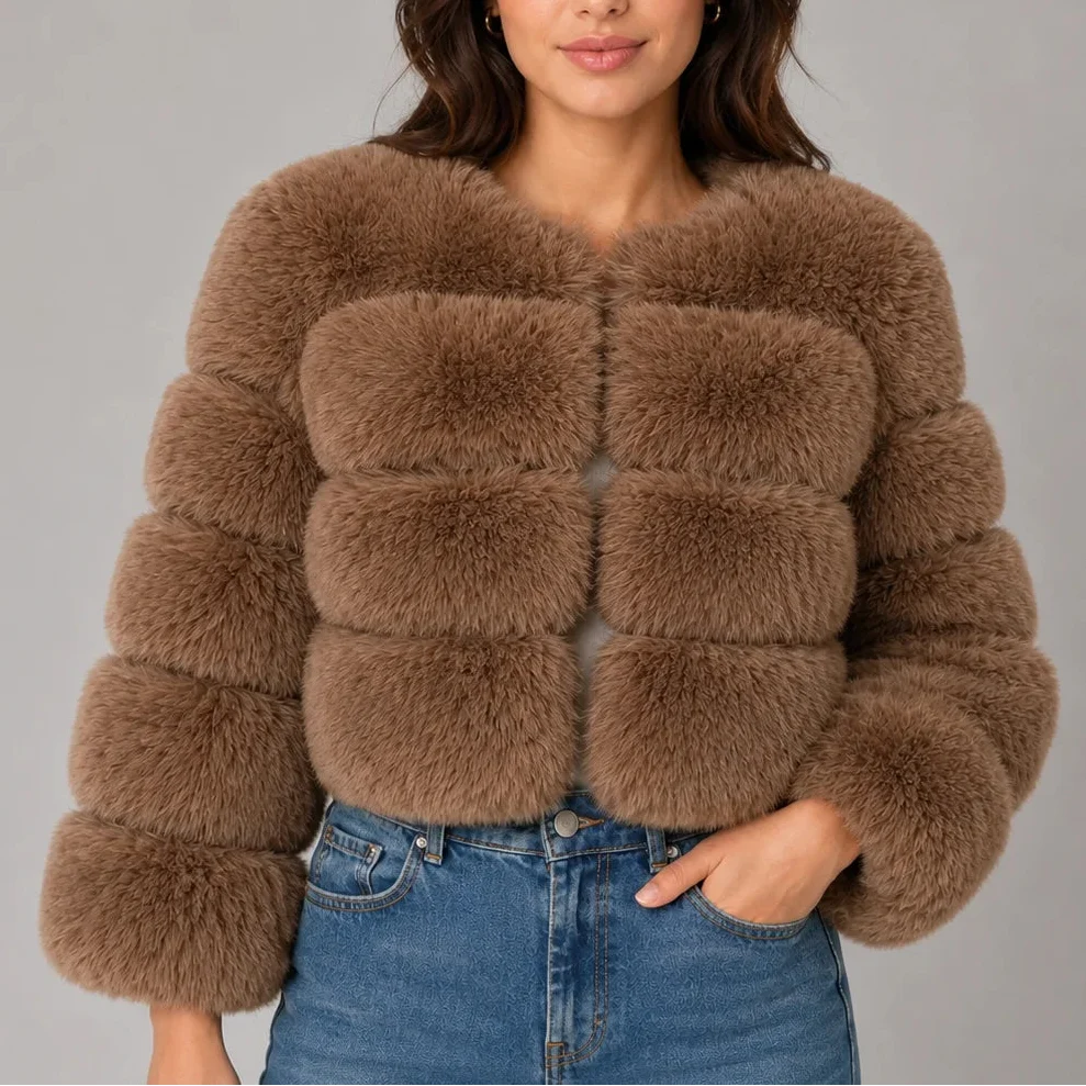 Women's Cropped Faux Fur Round Neck Jacket