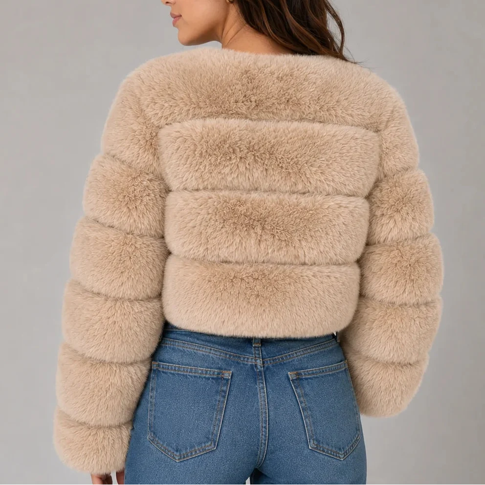 Women's Cropped Faux Fur Round Neck Jacket