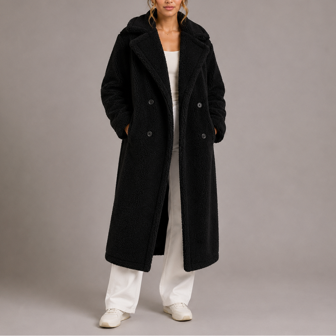 Women's Long Double-Breasted Teddy Coat