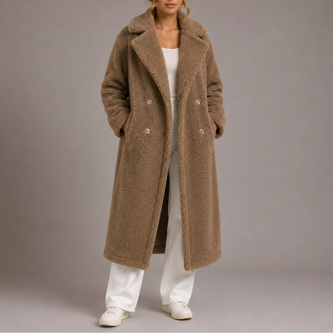 Women's Long Double-Breasted Teddy Coat