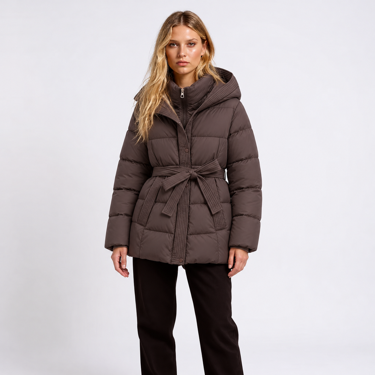 Women's Belted Hooded Puffer Jacket