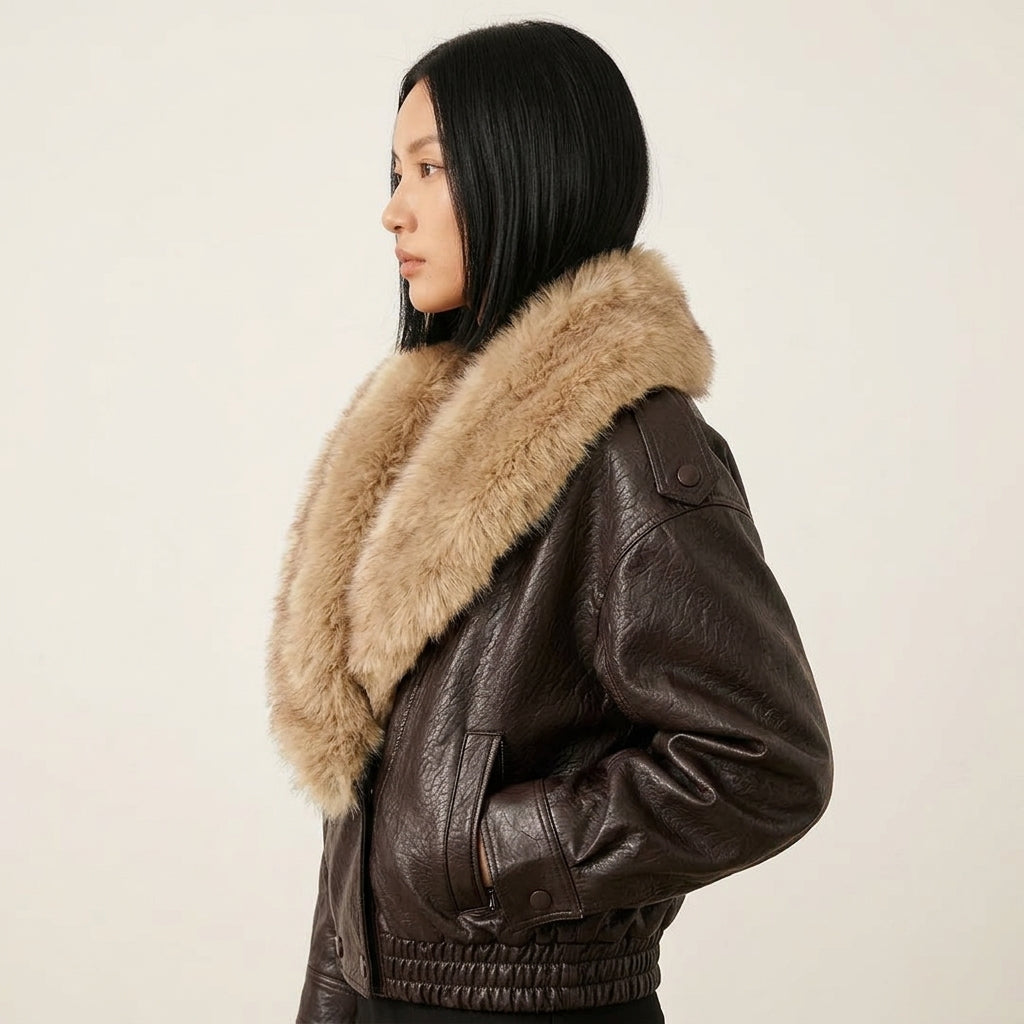 Women's Faux Leather Jacket with Faux Fur Collar