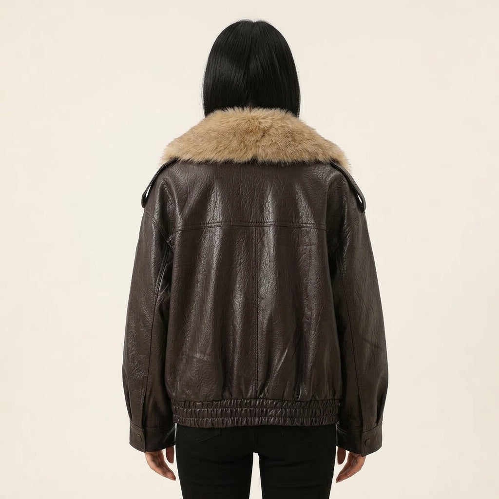 Women's Faux Leather Jacket with Faux Fur Collar