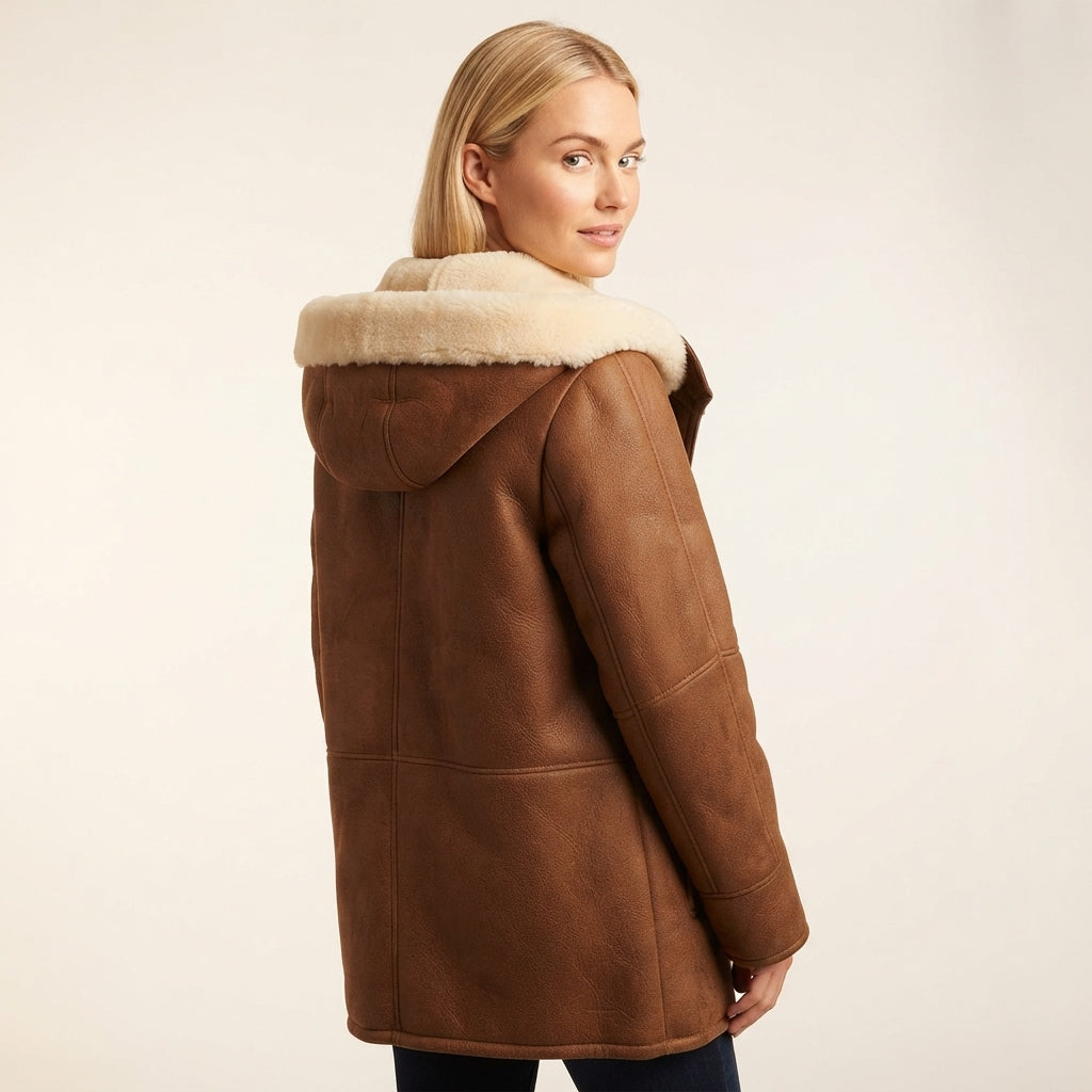 Women's Hooded Shearling Toggle Coat