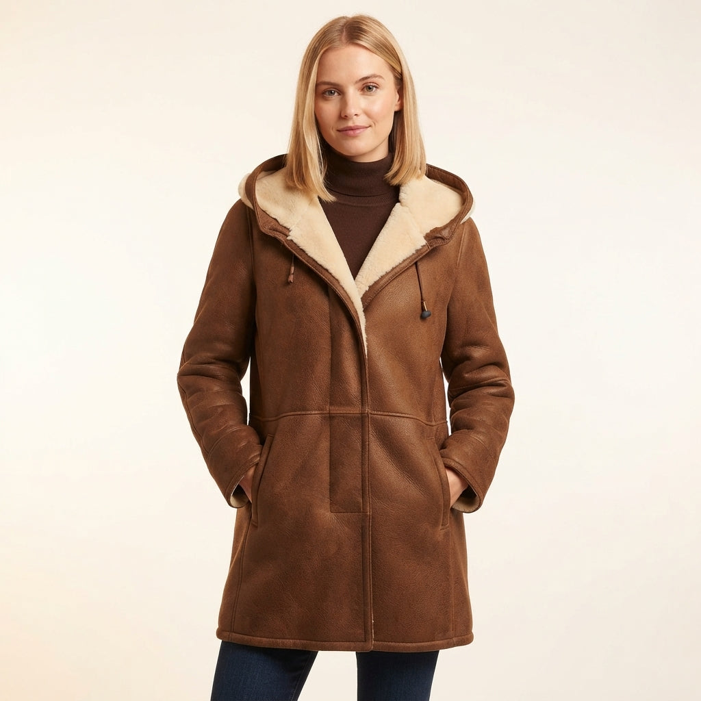 Women's Hooded Shearling Toggle Coat