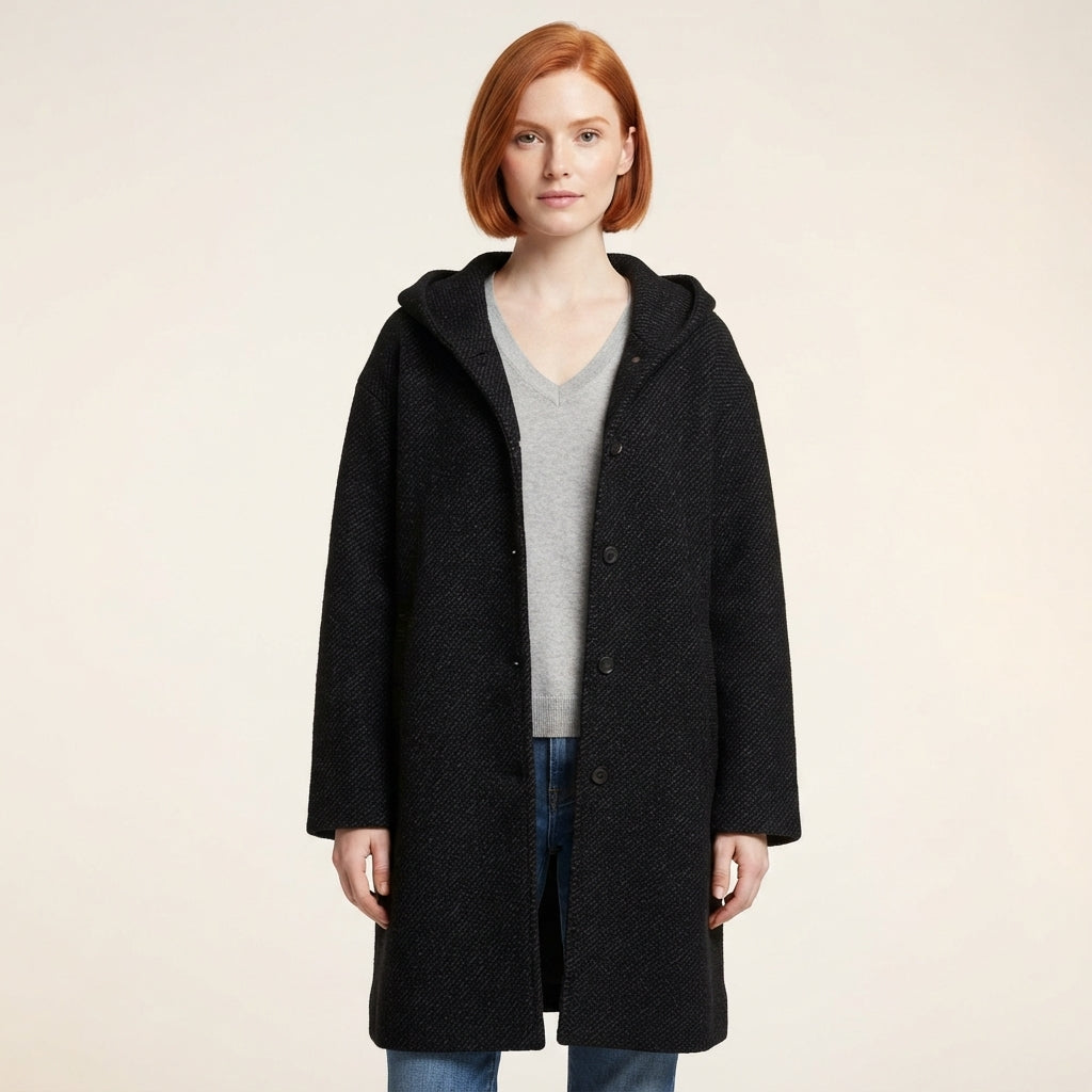 Women's Hooded Marled Knit Midi Coat