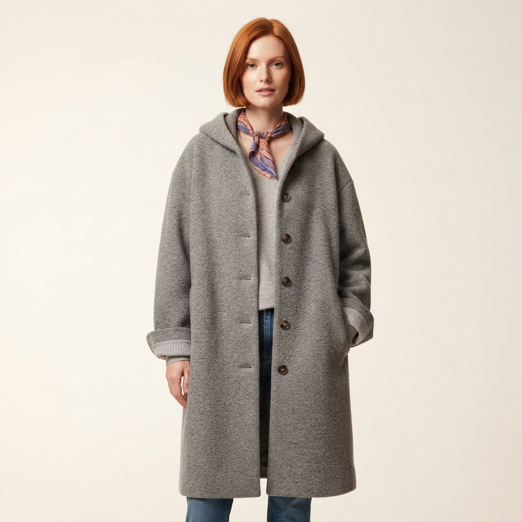 Women's Hooded Marled Knit Midi Coat