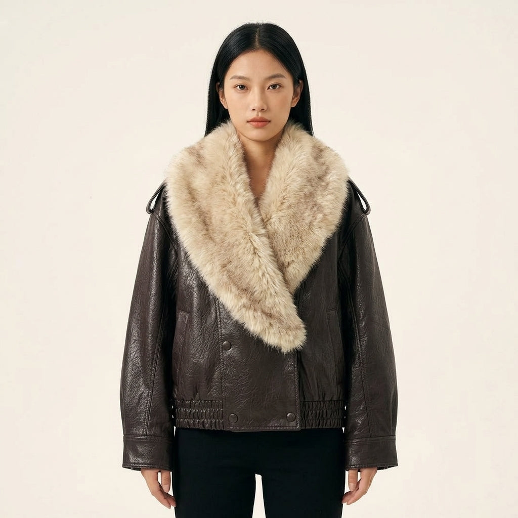 Women's Faux Leather Jacket with Faux Fur Collar