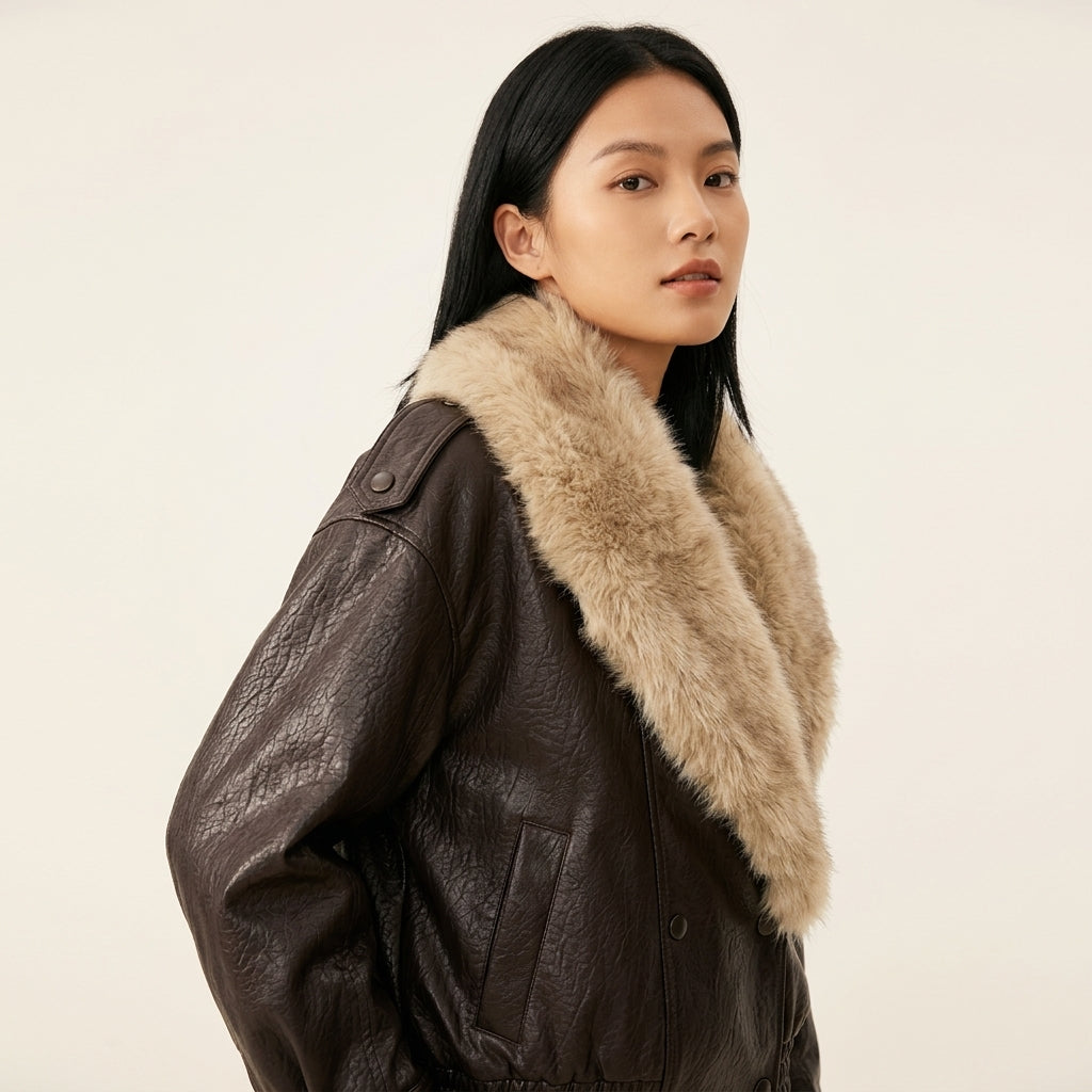 Women's Faux Leather Jacket with Faux Fur Collar