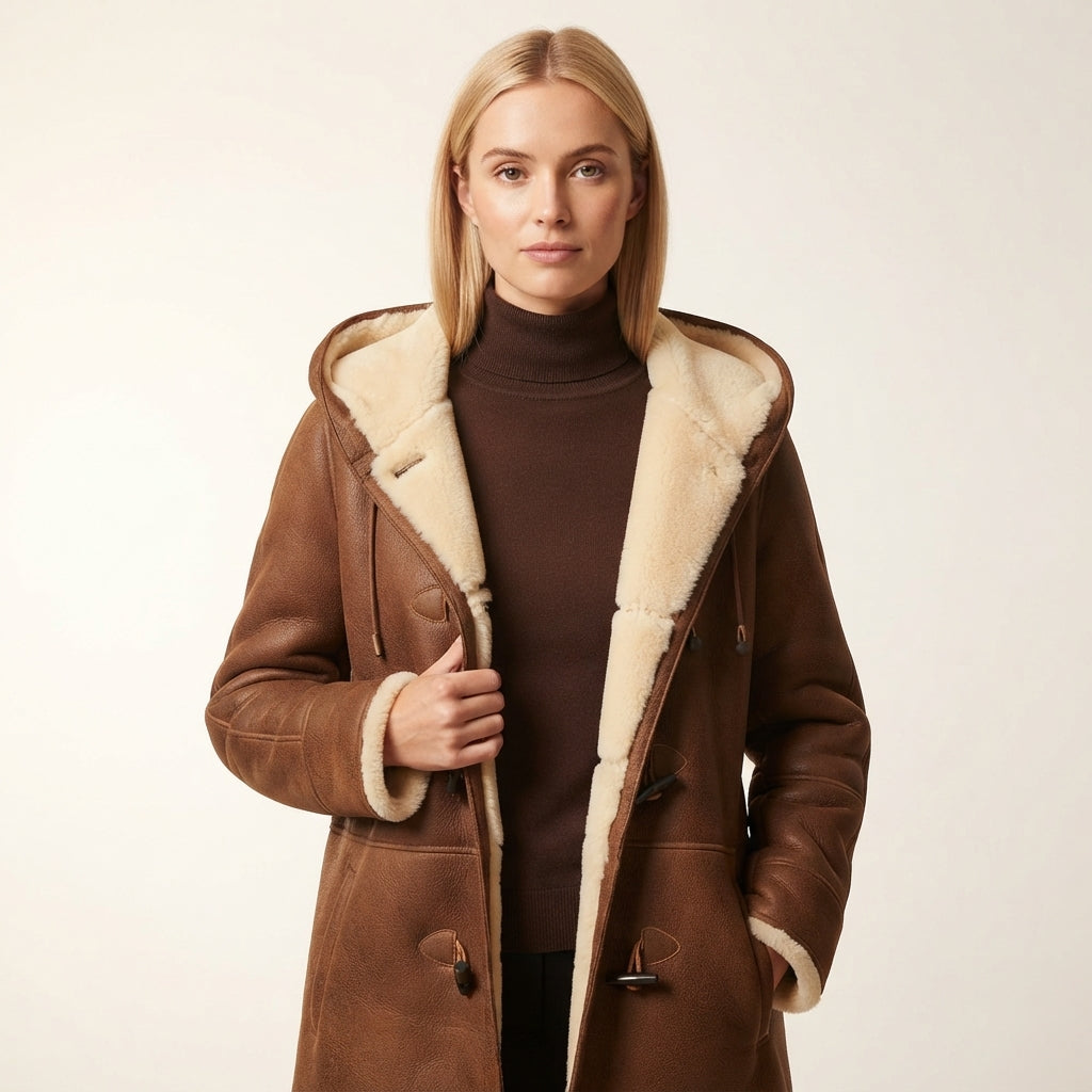 Women's Hooded Shearling Toggle Coat