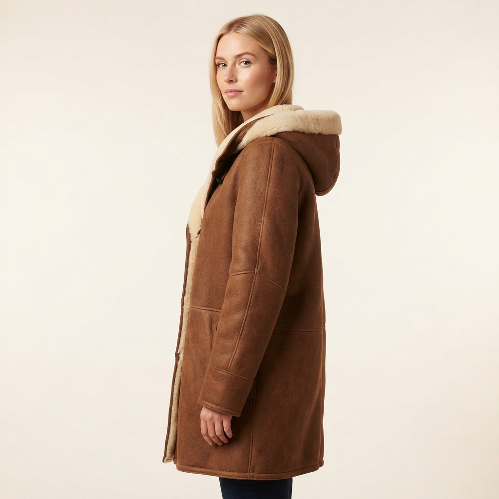 Women's Hooded Shearling Toggle Coat