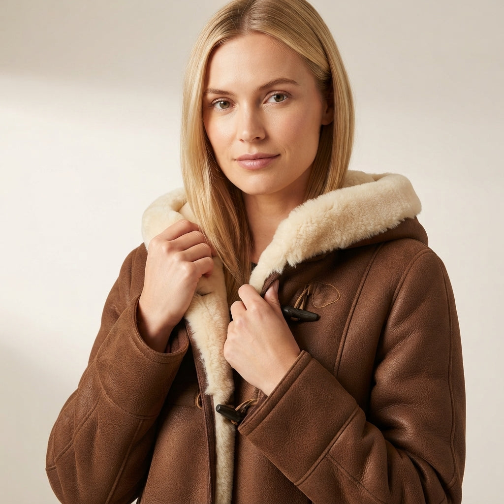 Women's Hooded Shearling Toggle Coat