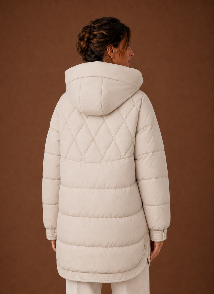 Back view of longline puffer jacket with diamond quilting and hood