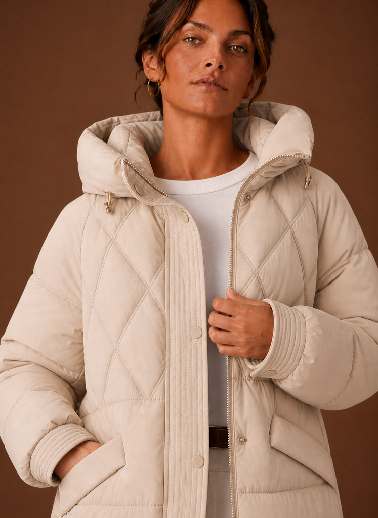 Close-up of diamond quilting and stitching on the puffer jacket