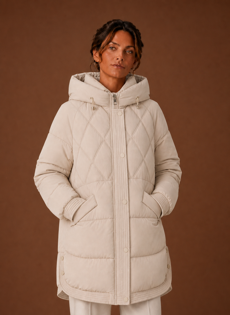 Front view of women's hooded longline puffer jacket with diamond quilting