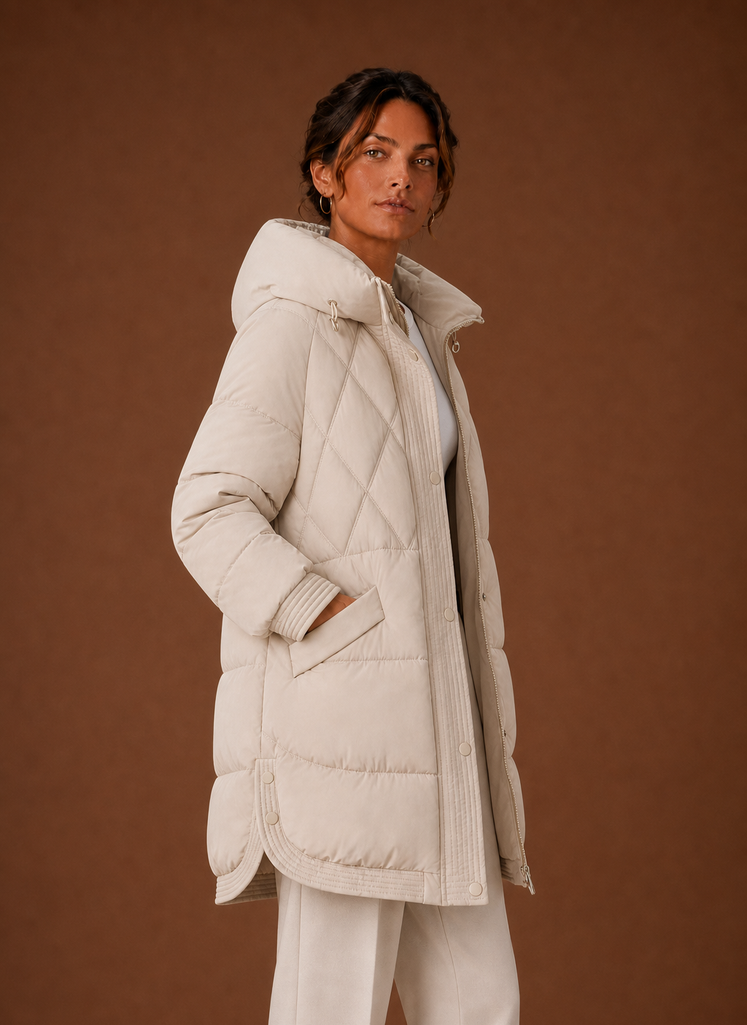 Side profile of the hooded longline puffer jacket showing length and silhouette