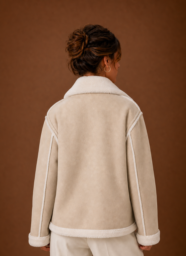 Back view of women's aviator jacket highlighting the streamlined back and hem