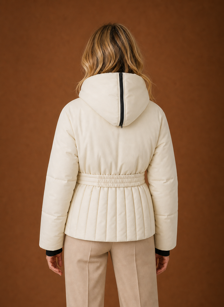 Back view of a quilted jacket with stitched quilting and belted waist
