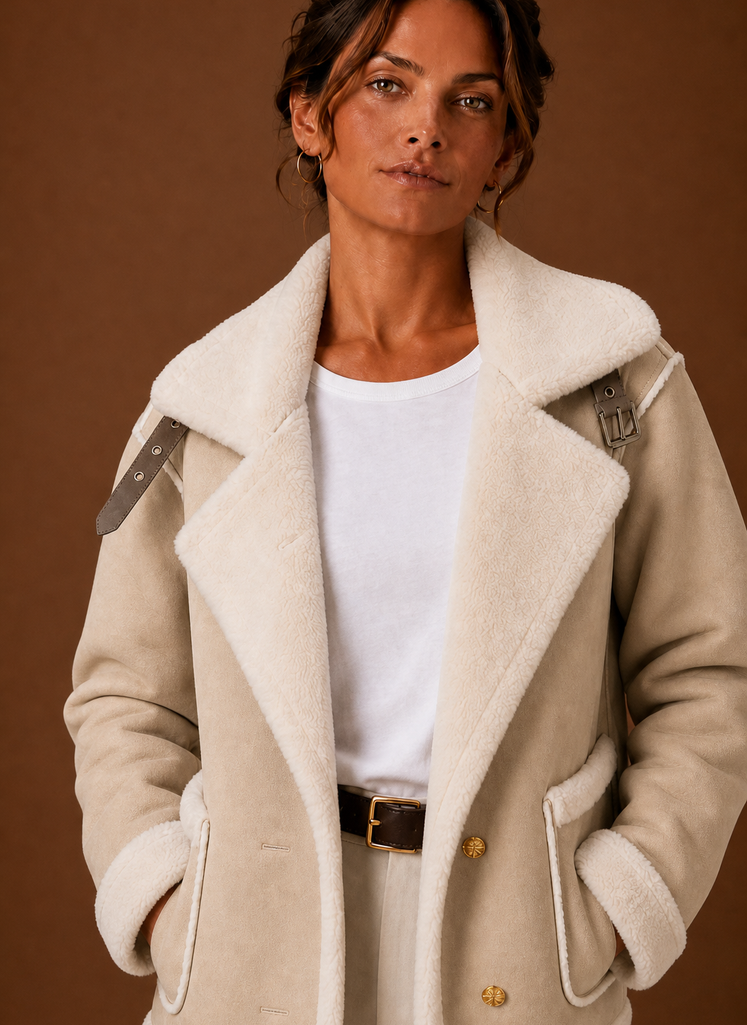 Close-up of aviator-style collar and front closure details on the jacket