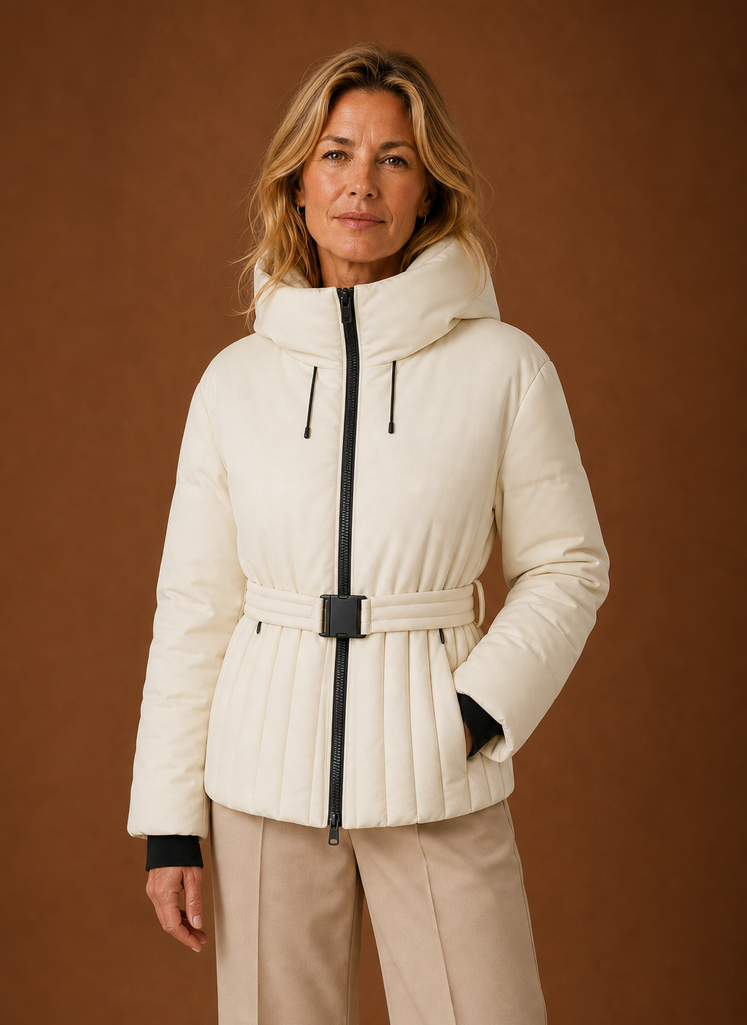 Front view of a quilted jacket with self-tie belt and pleated detail