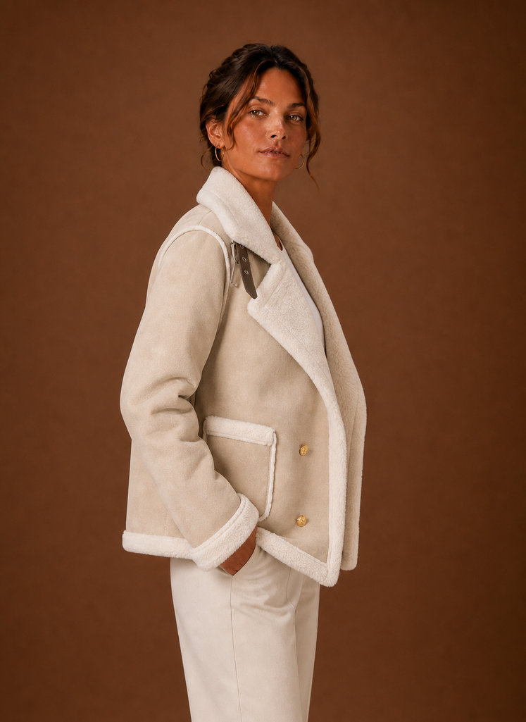 Side view of women's aviator jacket displaying silhouette and sleeve fit