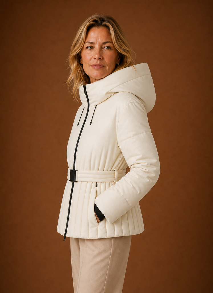 Side view of a quilted jacket showing pleated detailing and belt
