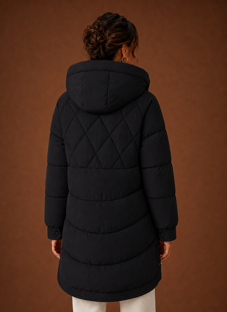 Back view of longline puffer jacket with diamond quilting and hood