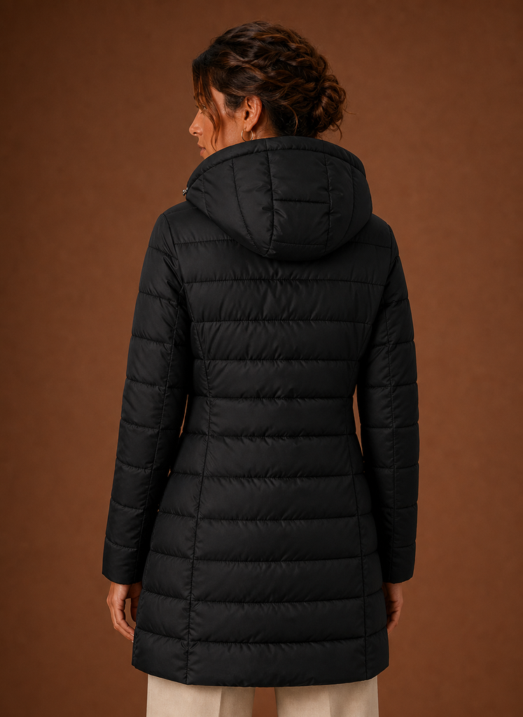 Back view of women's long black hooded puffer coat