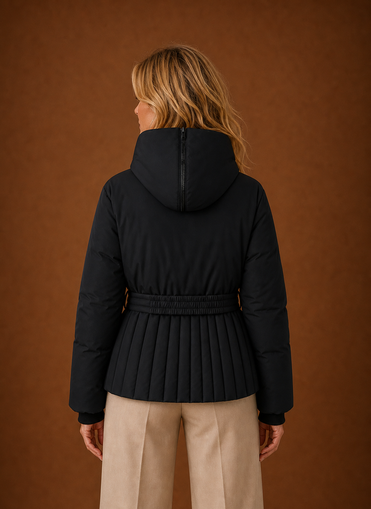 Back view of a quilted jacket with stitched quilting and belted waist